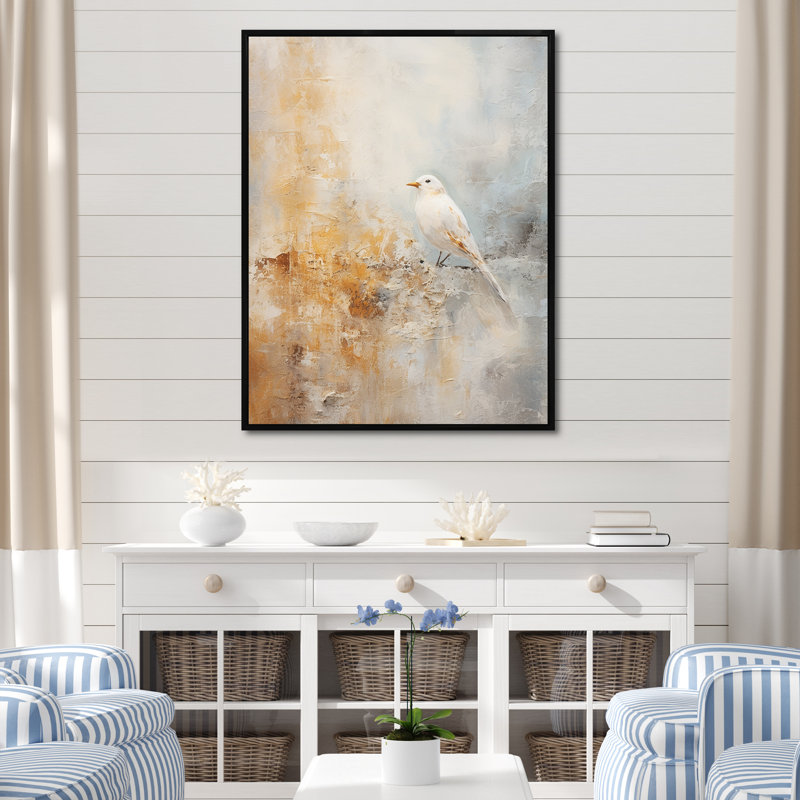 Goéland beige sur une impression sur toile, Cadre flottant noir, H 20 po x l 12 po x P 1 po