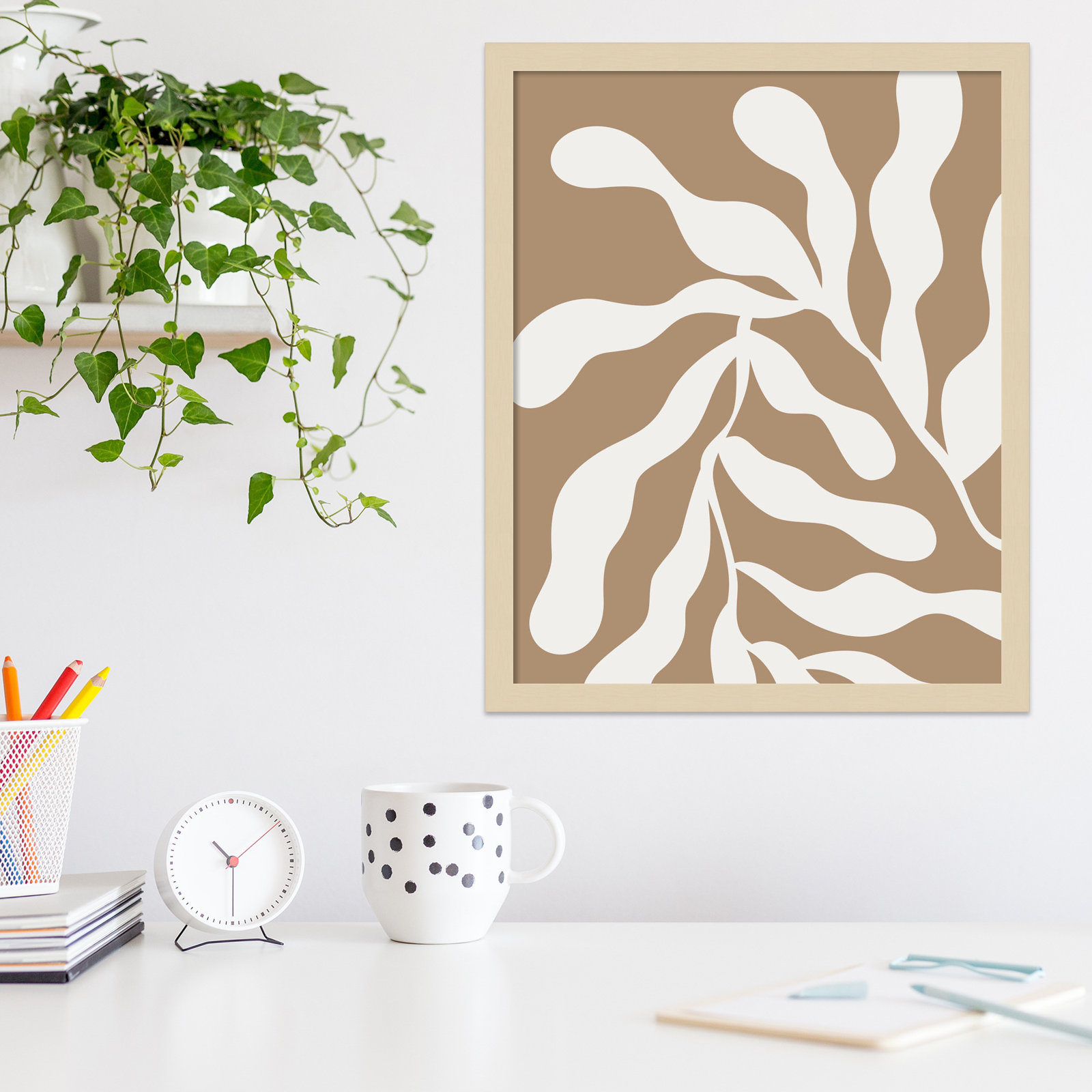 Retro Matisse Inspired Abstract Botanical 1 Beige by The Creative Bunch Studio, Brown, 21" H x 17" W x 1" D