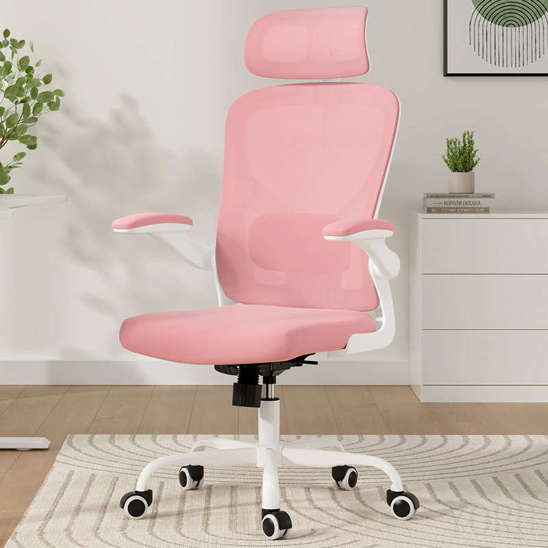 Ergonomic Office Chair, Home Office Desk Chair With Headrest, High Back Computer Chair With Armrests And Adjustable Lumbar Support For Home Office Study Room, White & Pink