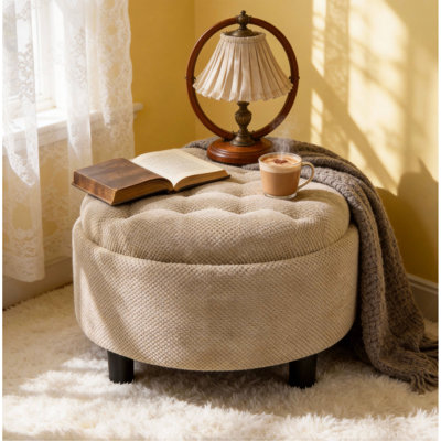 Repose-pieds de rangement de 25 pouces, repose-pieds rond, repose-pieds de table basse, table d'appoint en bois, pouf rembourré en tissu, petit meuble de rangement, rangement caché, décor de maison de campagne moderne, salon, chambre à coucher