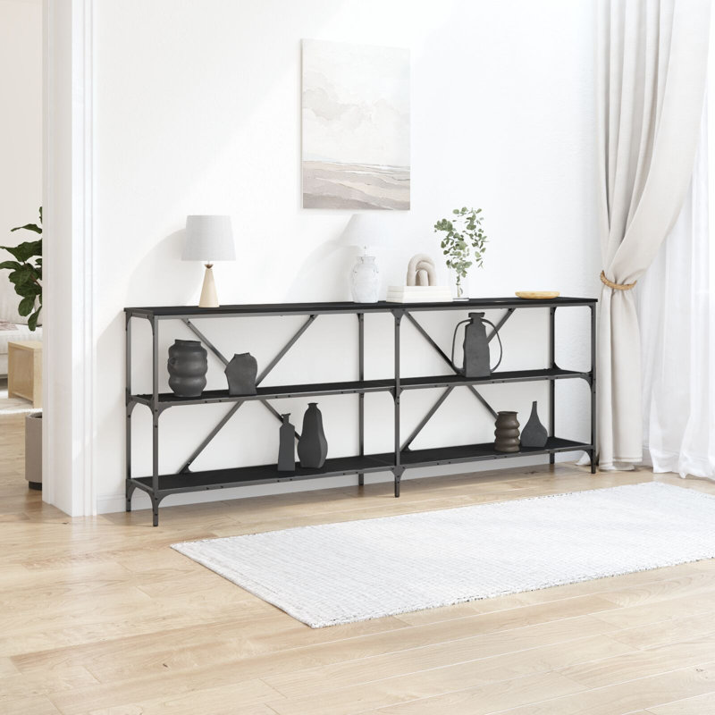 Console Table 200X30x75 Cm Engineered Wood And Steel, 75cm H x 200cm W x 30cm D, Black Oak