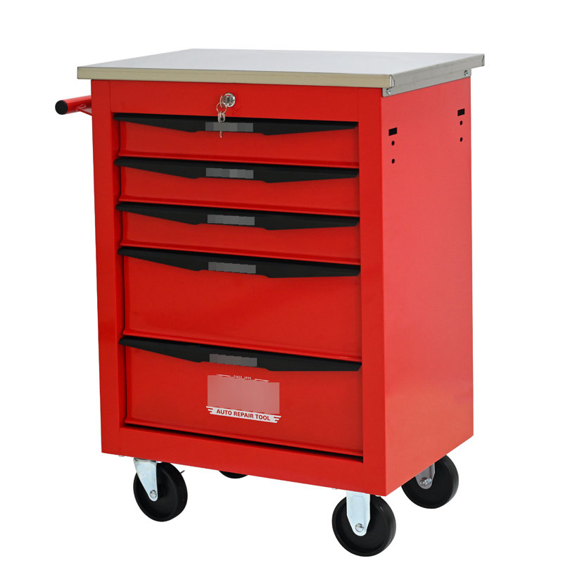Chariot à outils à roulettes en métal à 5 tiroirs avec roulettes, rouge et noir, verrouillable, poignée à tirer, 4 2 freins, - roulement pour garage atelier atelier toit en acier inoxydable noir, chargement universel de 15 kg