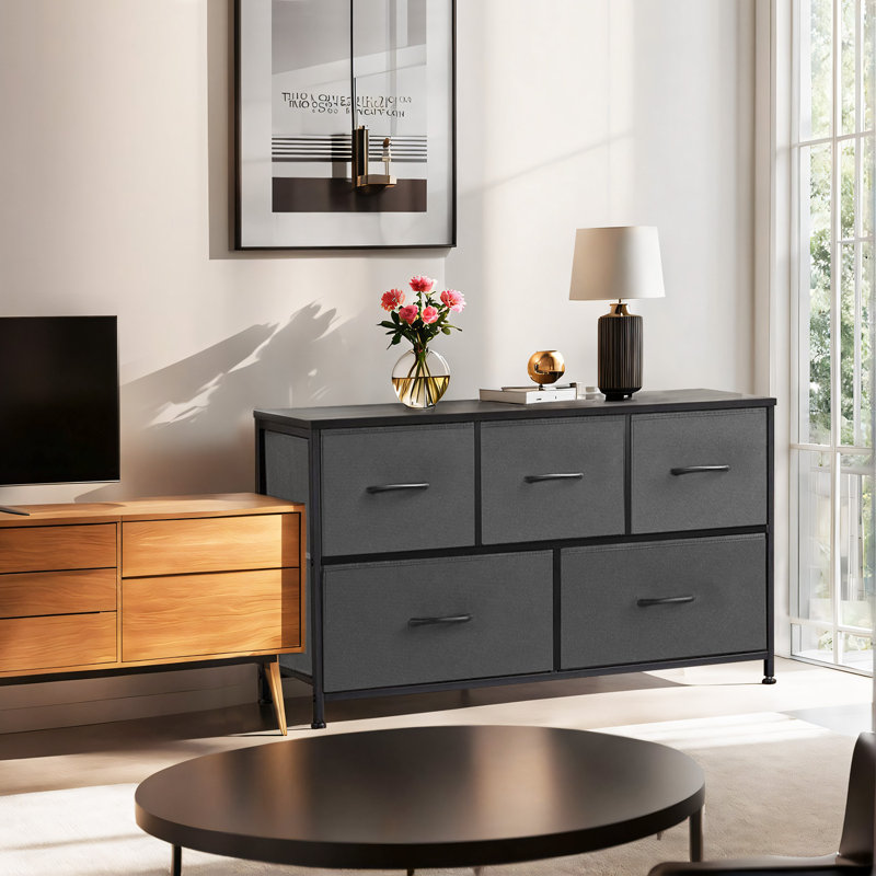 Dresser For Bedroom, 5 Storage Drawers, Wide Closet Chests Organizer Tower Furniture With Top Metal Frame For Clothes, Kids Room, Living Room, Hallway, Entryway