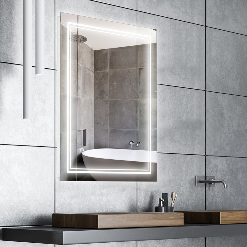 Miroir de salle de bain 32 po x 24 po à DEL, fixation murale éclairée, Smart Touch, imperméable, argent, différentes positions de fixation, miroir de 32 po x 24 po