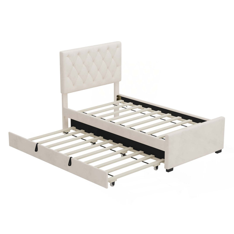 Lit plateforme tapissier simple en velours avec lit gigogne et tête de lit capitonnée à boutons ajustables, aucun sommier nécessaire