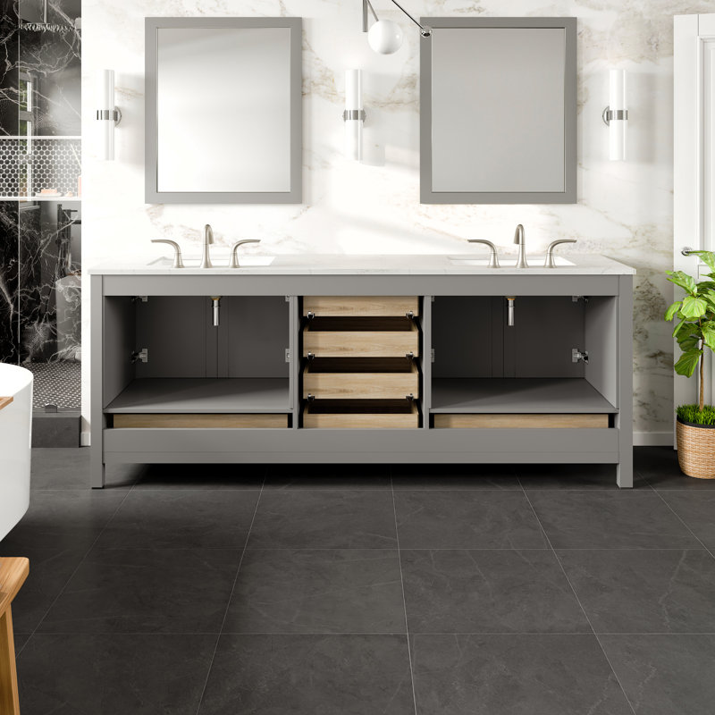Aberdeen 84" Gray Double Sink Vanity with Carrara Marble Top