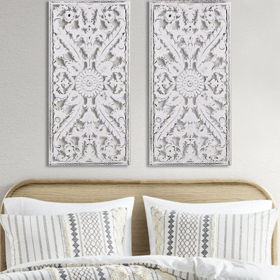 2 Wall Decor - Distressed Wood Lotus Whitewashed Finish Interior White Wash Flower Decoration