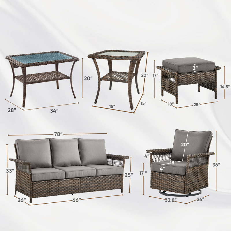 Ensemble de mobilier d'extérieur en osier 7 pièces avec fauteuil coulissant, table d'appoint et repose-pieds Anferney, Brun