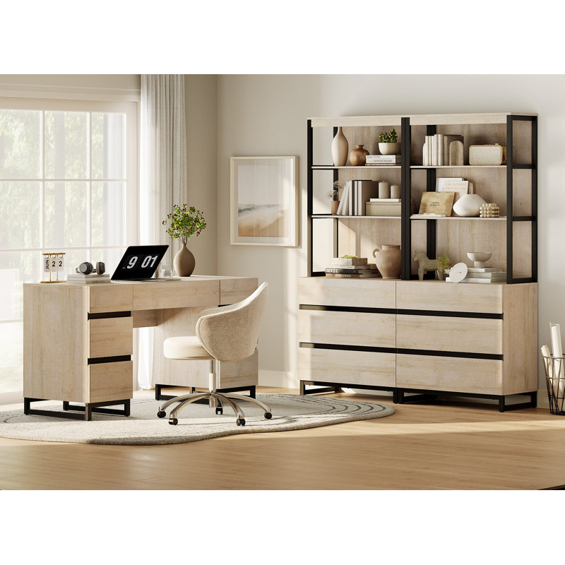 Aadam Home Office Furniture Set: 59In Modern Executive Desk With Charging Station & Drawers And 2 PCS 72In Tall Bookcases With 6 Drawers, Home Office Furniture For Living Room, Bedroom