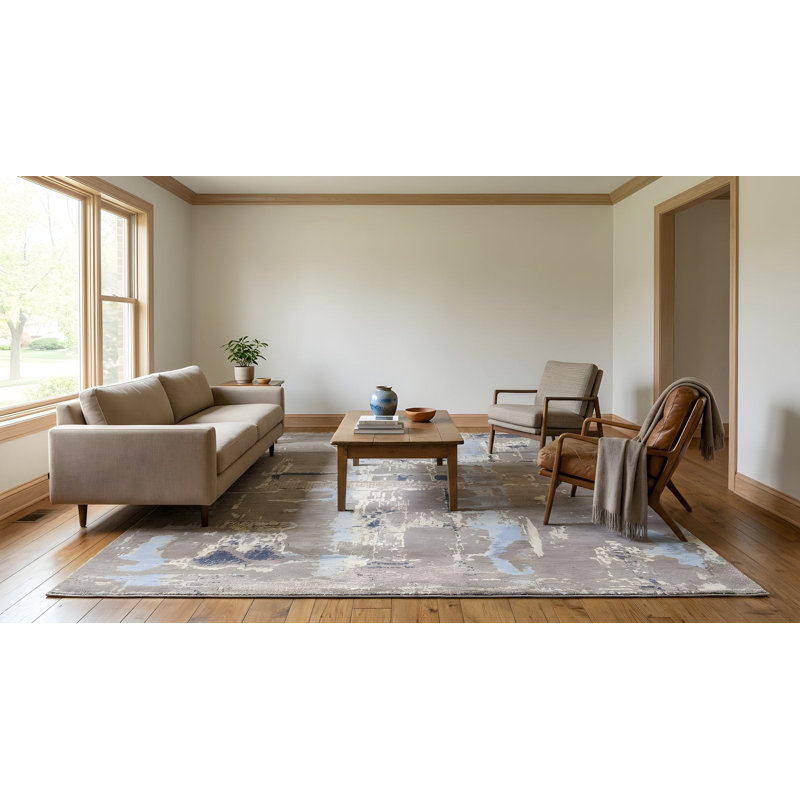 Tapis contemporain gris en laine nouée à la main 8 x 10