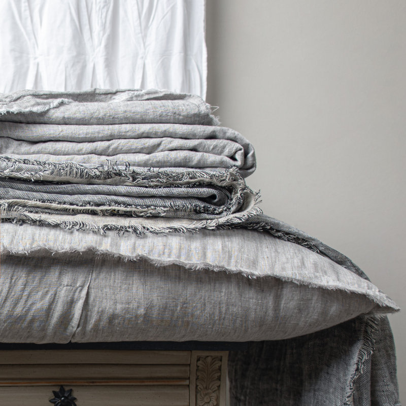 Ensemble de housse de couette en lin Brighton - Grand, Gris, Housse de couette pour grand lit et 2 taies décor
