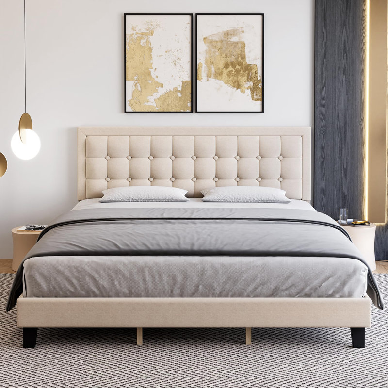 Lit plateforme tapissier Nourdane, Très grand, Beige