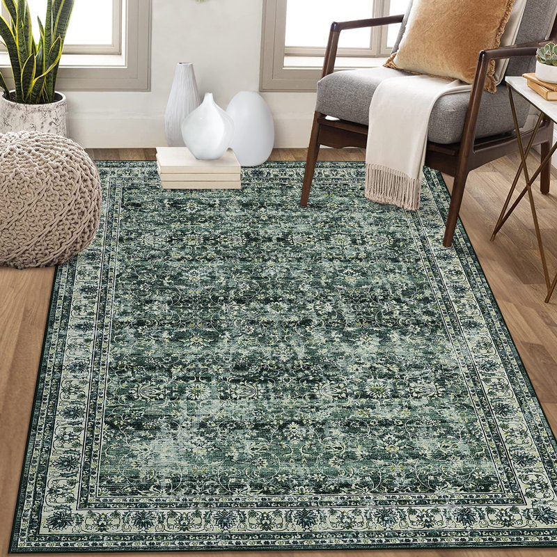 Oriental Machine Washable Rug for Living Room Bedroom Vintage Non-Slip Low Pile Rubber Backing Area Rug for Playroom Office Kitchen Dining Room Dorm and Bedside Decor