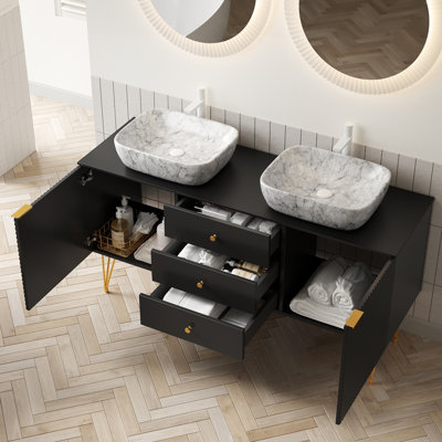 Meuble-lavabo de 60 po avec lavabo, armoire de rangement autoportante en contreplaqué avec pieds dorés, 3 tiroirs et 2 portes, 2 vasques en céramique à motif de marbre blanc et plateau en pierre frittée