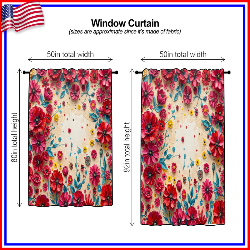 Rideaux rouges et roses à motif floral, 1 panneau, 50" x 92" - 1 Panel, Sheer