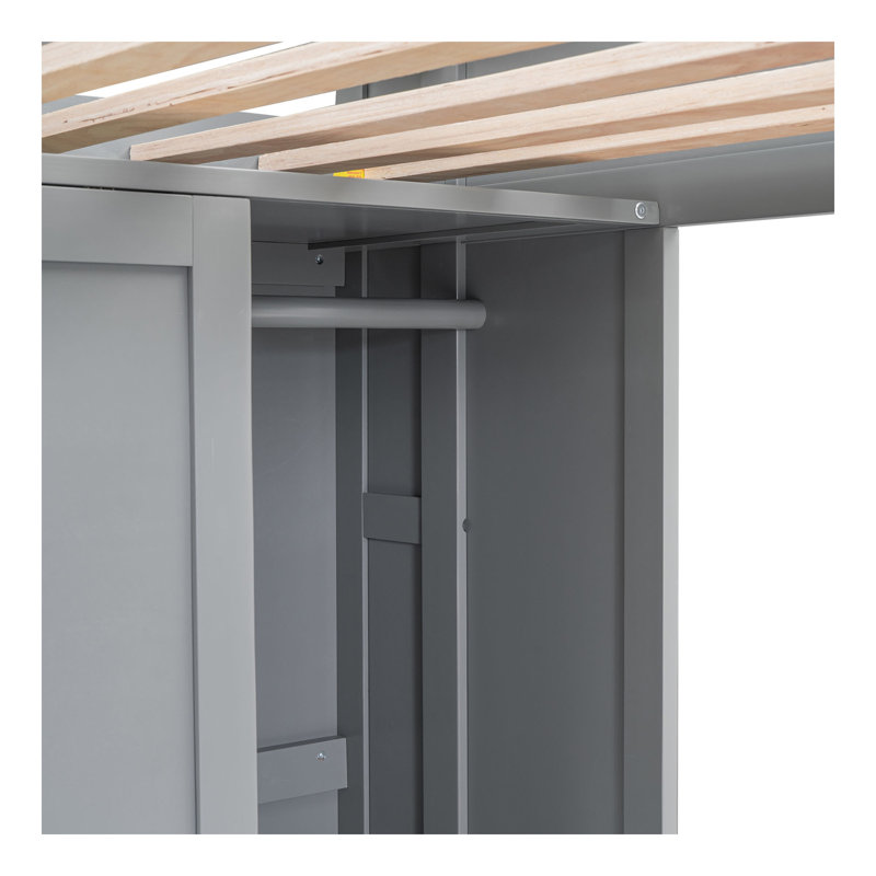 Lit mezzanine simple en bois avec plusieurs tablettes de rangement et garde-robe, gris, Gris