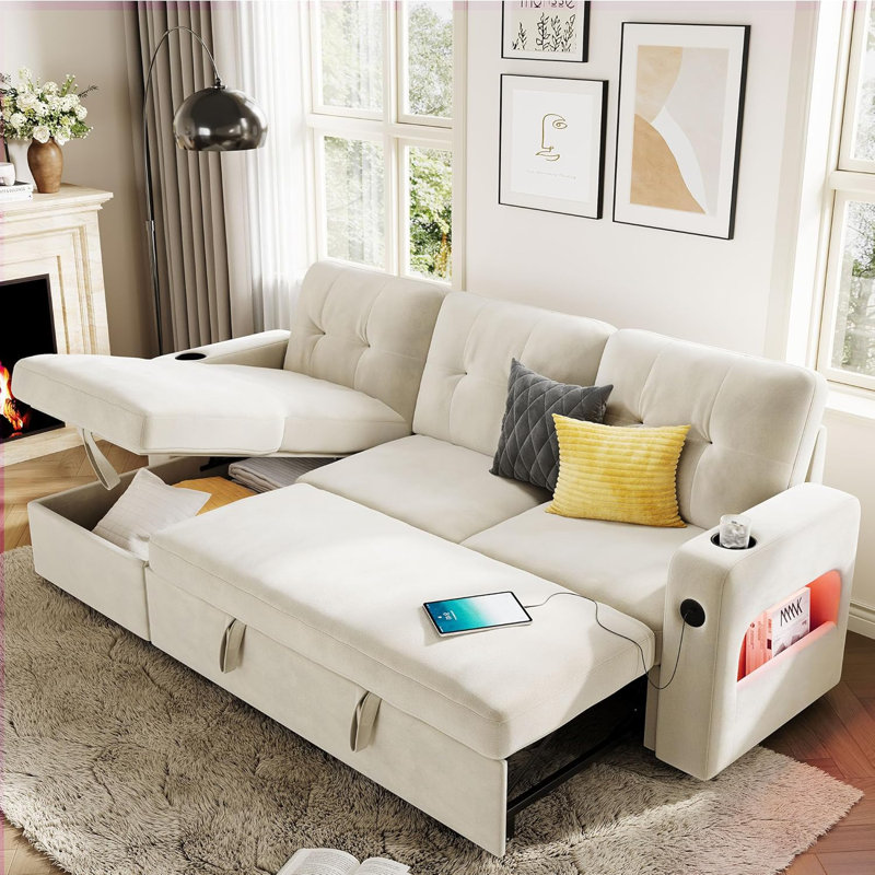 Canapé-lit modulaire avec rangement en L 84 po, DEL et chargement, beige