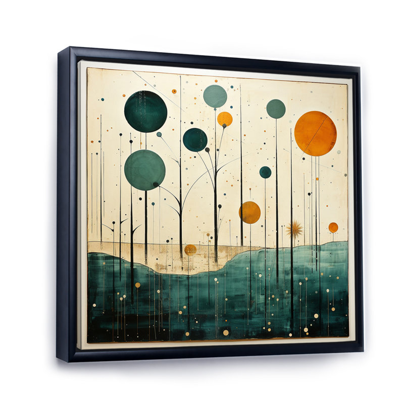 Sarcelle orange Mid Century Minimalist Oasis II - imprimé, H 16 po x l 16 po x P 1 po, Cadre flottant noir