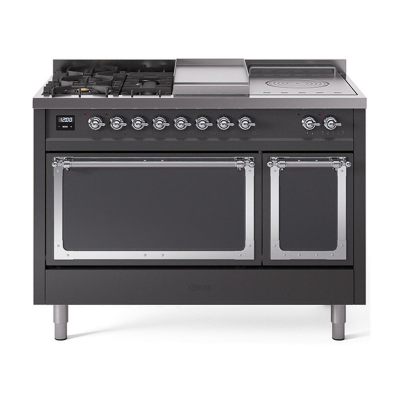 Cuisinière à double combustible ILVE Nostalgie II Series 48 po avec 5 brûleurs scellés, plaque de cuisson et table française (propane liquide, porte pleine)