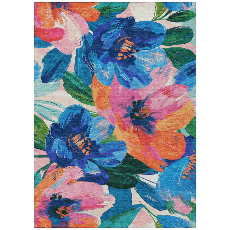 Tapis bleu marine intérieur / extérieur lavable à la machine Claudian ACN1488, Rectangulaire 8 pi x 10 pi
