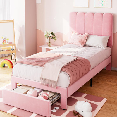 Twin Velvet Upholstered Bed Frame with Storage Drawer & Headboard, Low Profile Platform for Kids