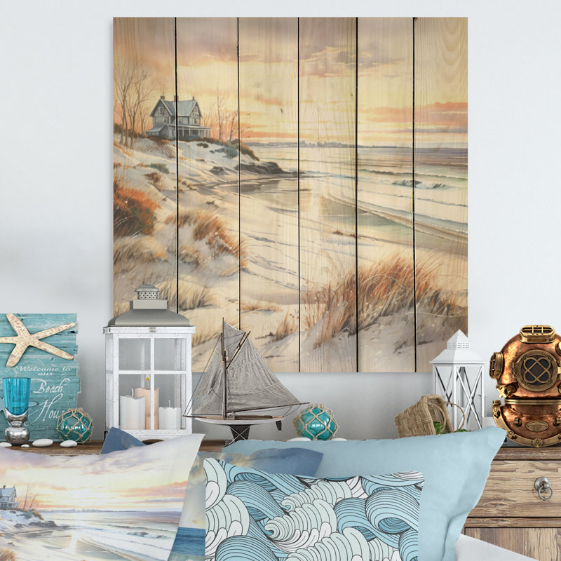 «Beach Sunset Charm In Winter I - Coastal Sunset», art mural sur bois de pin naturel, H 15 po x l 15 po