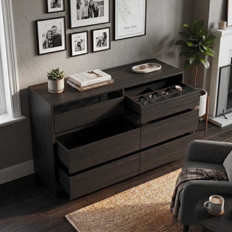Commode 6 tiroirs, pour le salon, la chambre à coucher, Noir