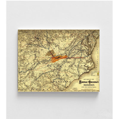 Norfolk et Cincinnati Railroad 1882, affiche ancienne de chemin de fer, art mural de salle de bain d'invité rustique, décoration murale de hall d'entrée, idée de remodelage de l'homme des cavernes