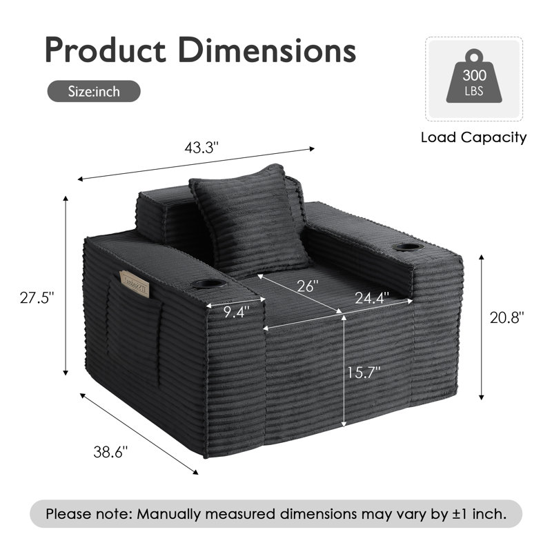 43'' W Oversized Corduroy Armchair With Pillow, Boneless Single Sofa Upholstered Couch With 2 Cup Holders For Living Room, Bedroom, Apartment, Office