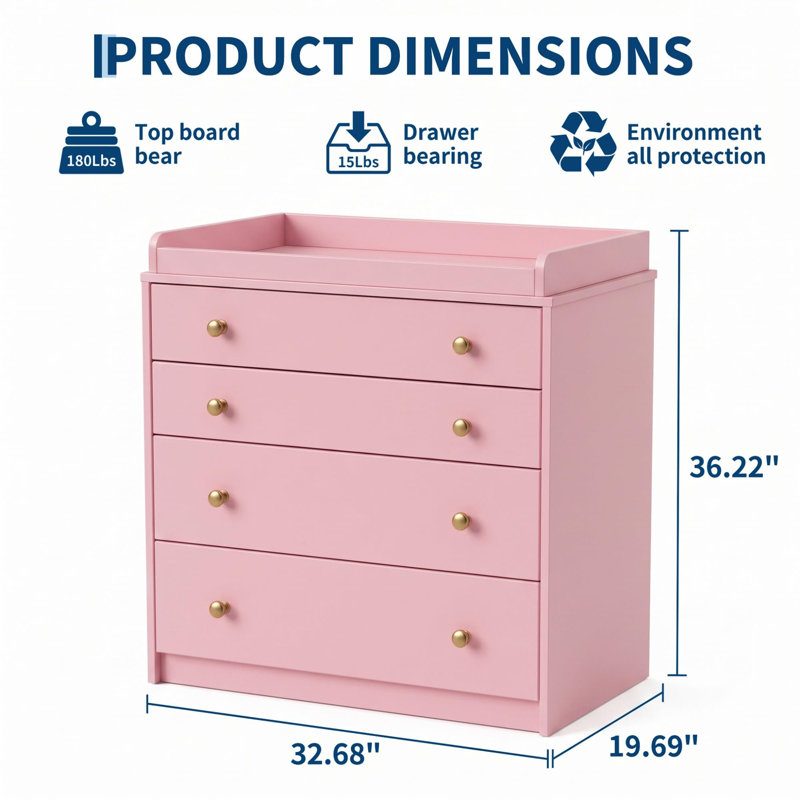 L 33 po x P 20 po x H 36 po Commode pour table à langer avec 4 tiroirs, Rose