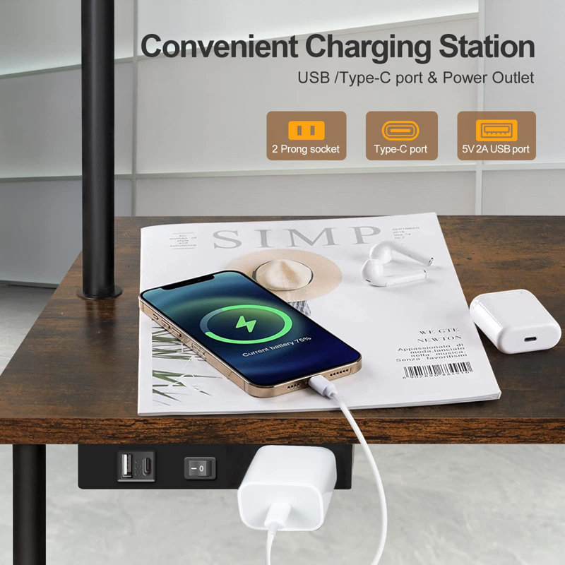 Lampe sur pied à finition noyer avec table intégrée, tiroir, ports USB et télécommande, 4 températures de couleur