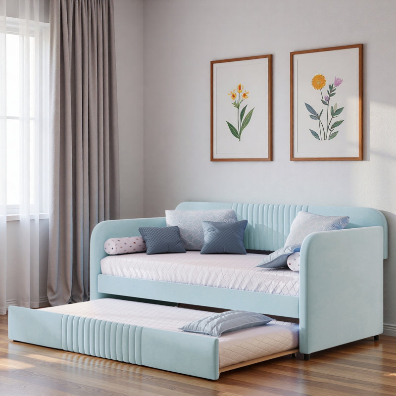 Upholstered Daybed With Trundle And Wood Slat, Light Blue