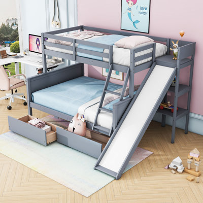 Cleary Twin Over Full 2 Drawer Solid Wood Standard Bunk Bed with Slide and Shelves