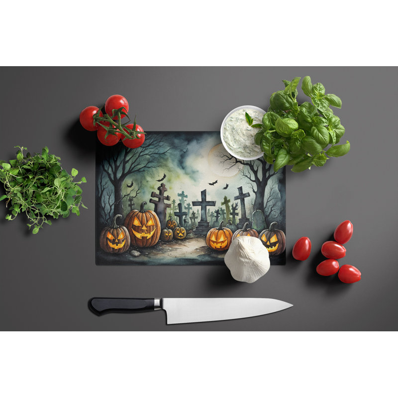 Graveyard Spooky Halloween Glass Cutting Board Large