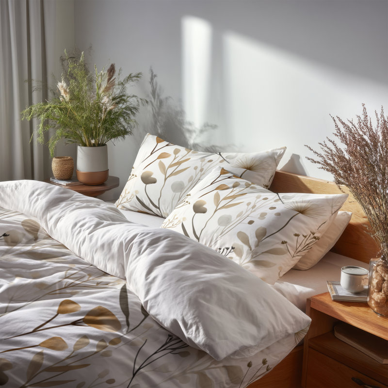 Ensemble de literie 3 pièces Floral - Ensemble de housse de couette et de coussin beige