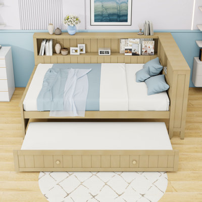 Lit de jour double en bois avec tablettes de rangement et lit gigogne simple