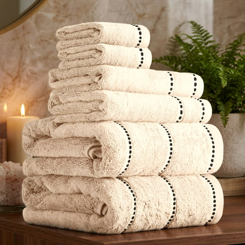 Ensemble de 6 serviettes de salle de bain Lavish Home - Essentiels de salle de bain 100% coton 525GSM - 2 draps de bain, 2 serviettes à main et 2 débarbouillettes pour le bain, la douche, la salle de sport, le spa et le dortoir (beige)