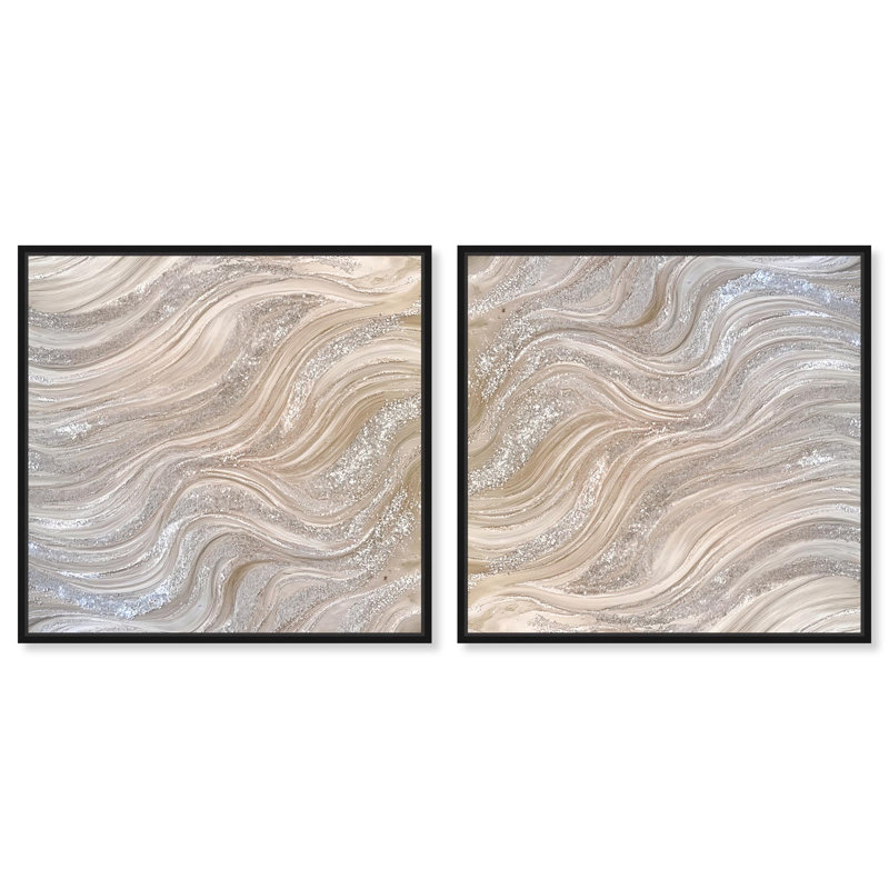 «Silver Waves I Set Canvas Modern Boho» par Art Remedy, H 13 po x l 13 po, Cadre noir