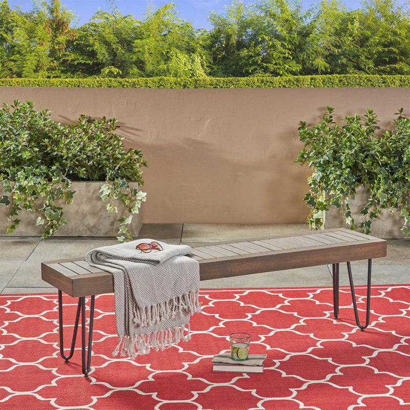 Gray Acacia Wood and Metal Outdoor Bench with Hairpin Legs