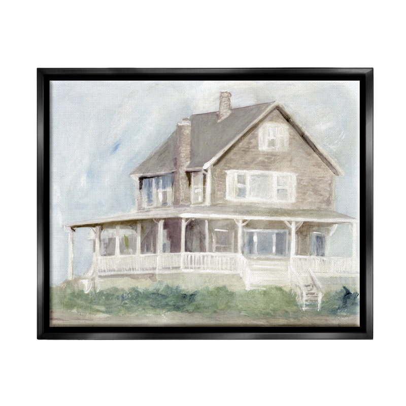Vue du porche de Cape House - peinture, H 17 po x l 21 po x P 1,7 po, Cadre flottant noir de jais