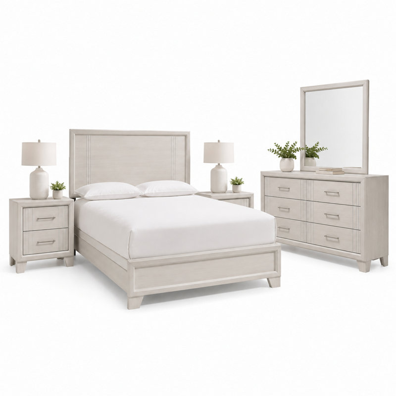 Ensemble de chambre pour grand lit, blanc, argent, bois crème, ensemble de 4 pièces avec 2 tables de chevet et commode