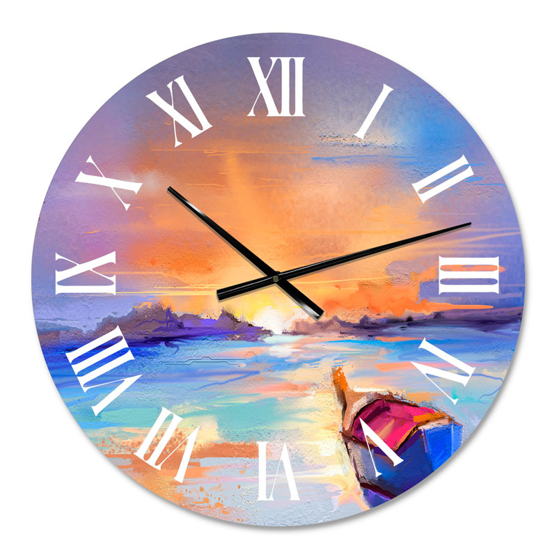 Horloge murale nautique et côtière, coucher de soleil mauve avec petit bateau à l'horizon II, Moyen