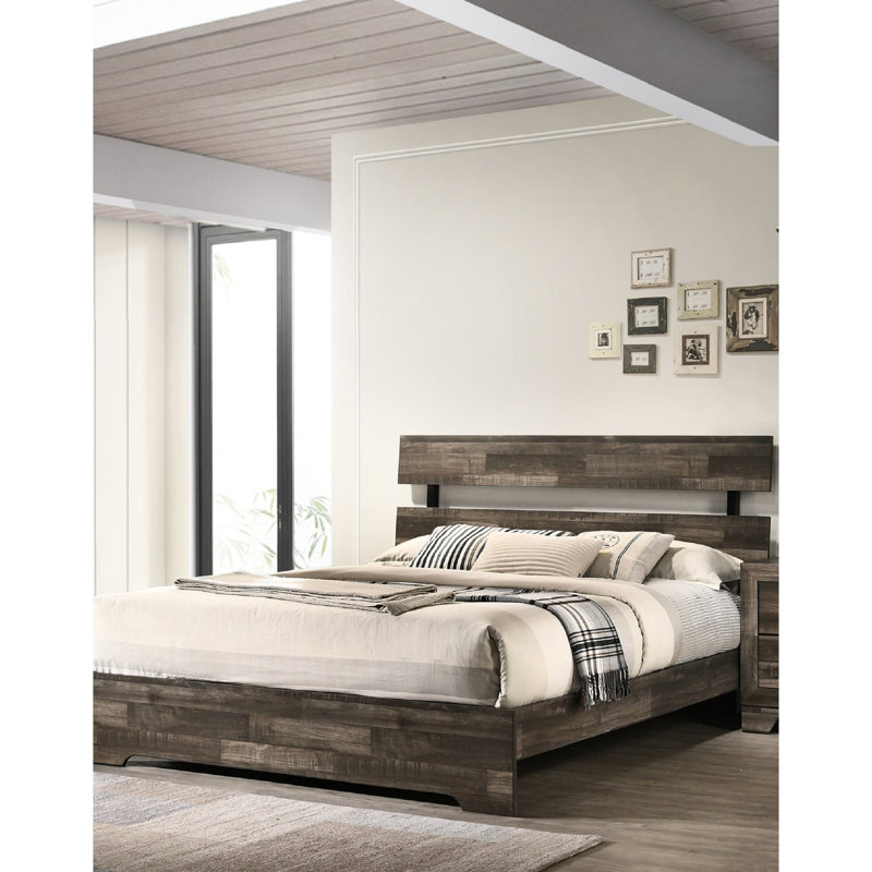 Rustique, lit plateforme double, base de lit à profil bas, finition brune, style contemporain, bois massif, Lit double