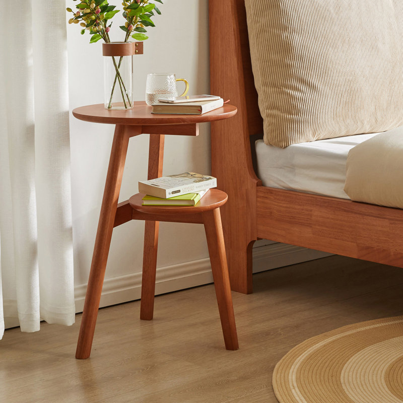 Table d'appoint de salon en bois massif à 2 niveaux avec table d'appoint, table de chevet, table de bout ronde en bois massif, petite table d'appoint à 2 niveaux avec tablette de rangement inférieure