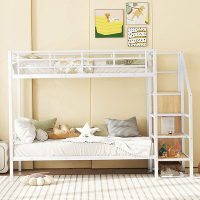 Lit superposé en métal avec échelle de rangement latérale et armoire