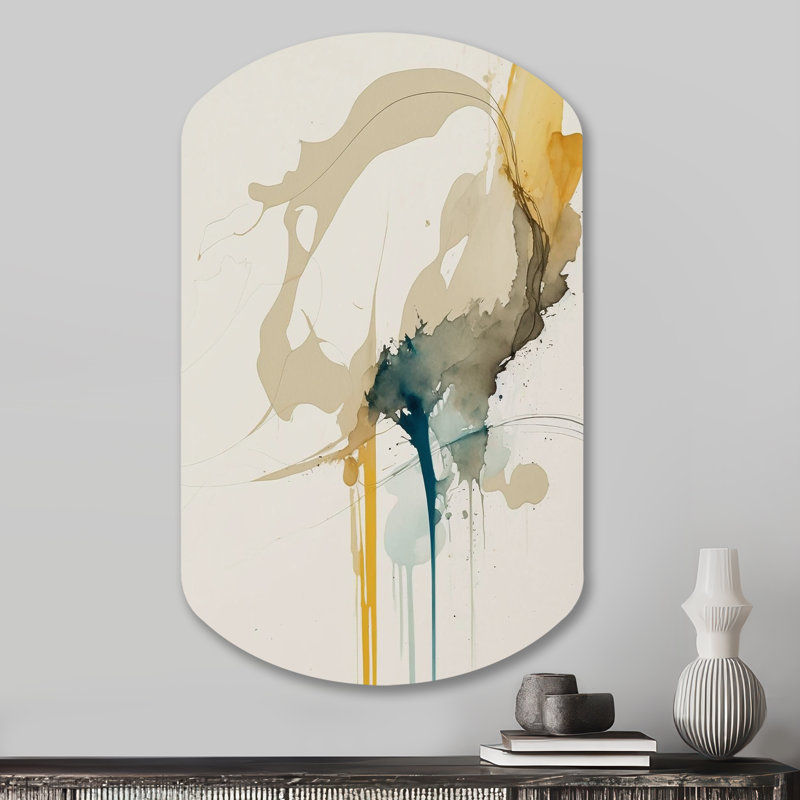 Moutarde jaune Secrets VI - Art abstrait en forme de cylindre encre liquide assymétrique, H 31 po x l 19 po