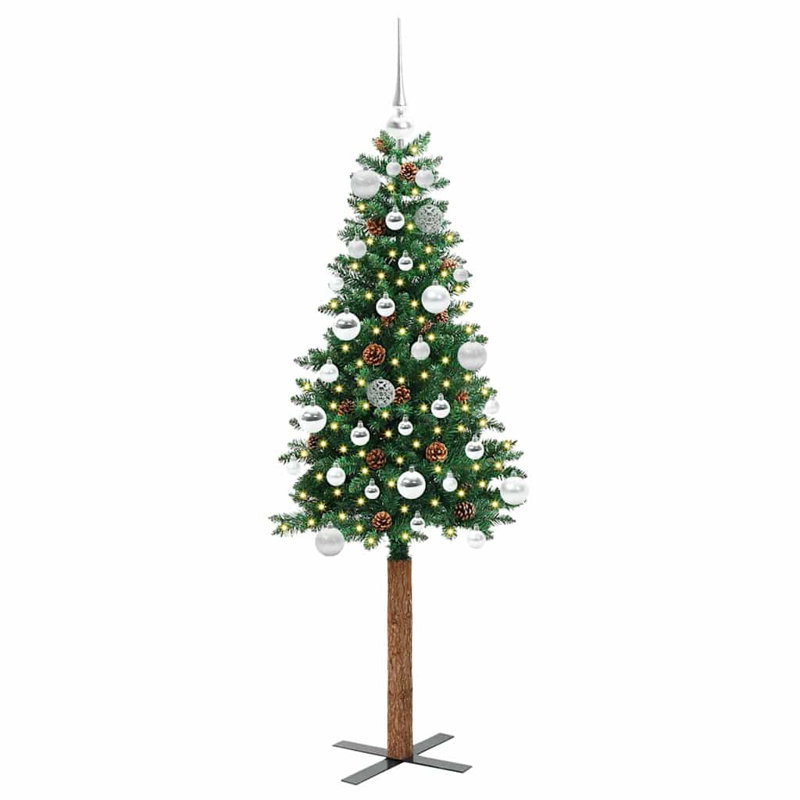 Slim Christmas Tree PVC and Solid Pine wood, Silver, 4.92' H