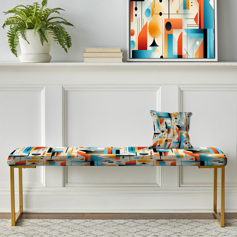 Banc rembourré géométrique doré, Turquoise Orange Retro Futurism Geometric