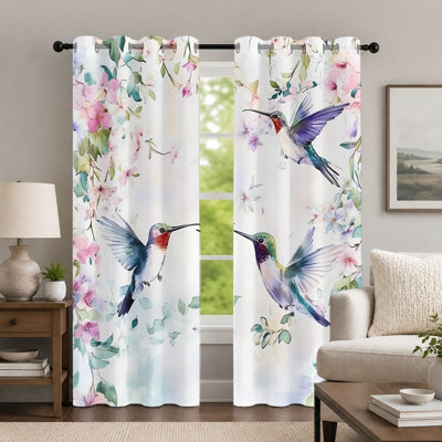 2Pcs Hummingbird and Flower Print Curtains, Botanical Style Panel, Artistic Floral Wildlife Pattern Printed Grommet Drapes, Window Treatment for Bedroom Living Room Decor
