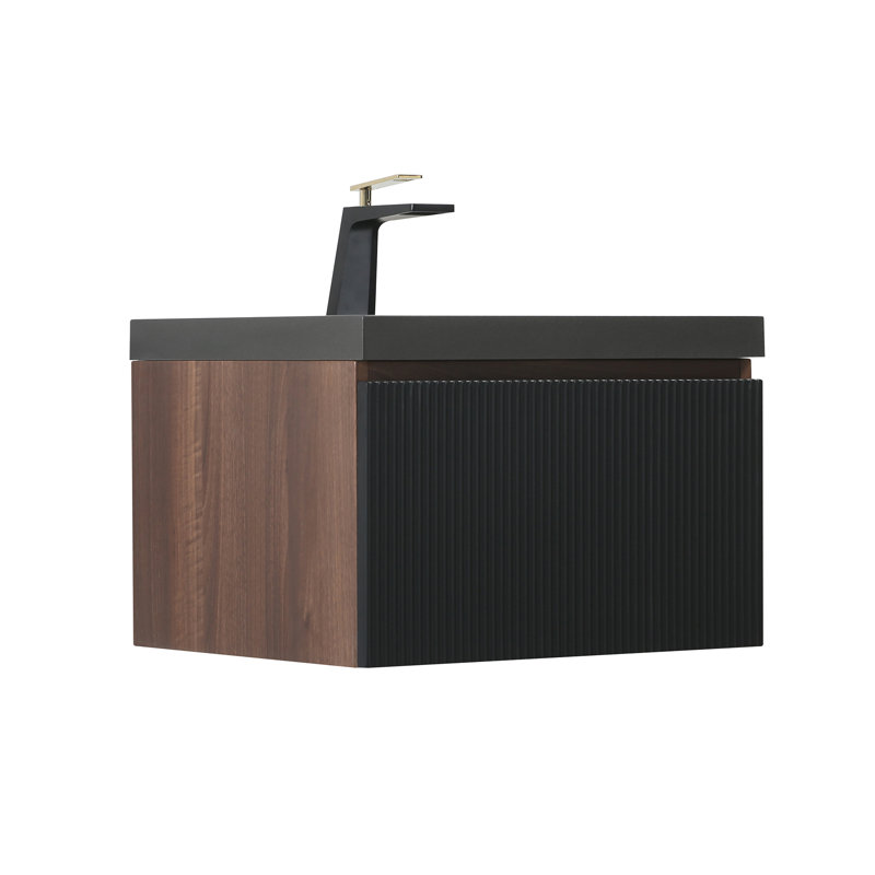 Meuble-lavabo mural 24 po moderne en noyer fumé avec plateau en quartz noir, 24"